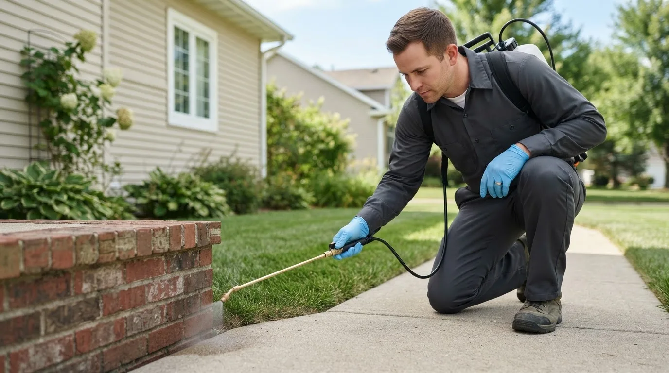 Pest control technician treating a home near Firebaugh, CA